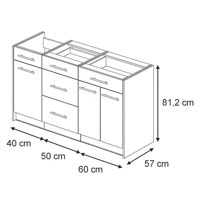 Vicco Küchenleerblock - Breite: 150 cm, Weiß Hochglanz - Strichzeichnung eines modularen Küchenunterschrank-Sets mit drei Einheiten, Schubladen und Türen. Höhe 81,2 cm, Tiefe 57 cm.