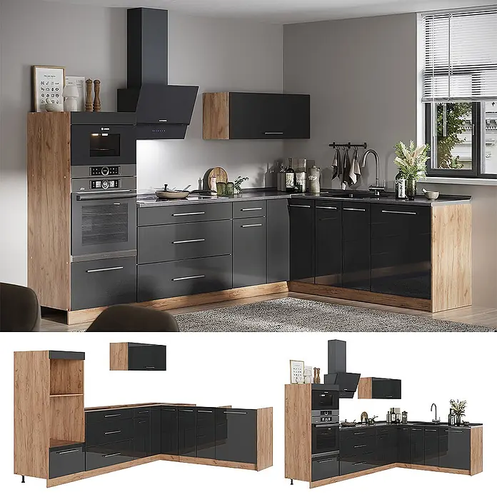 Vicco Eckküche - B x T: 287 x 60 cm, Anthrazit Hochglanz, Ohne Elektrogeräte - Moderne L-Küche mit hochglänzenden dunkelgrauen Schränken und rustikalen Holzapplikationen, mit Einbaugeräten und viel Stauraum.