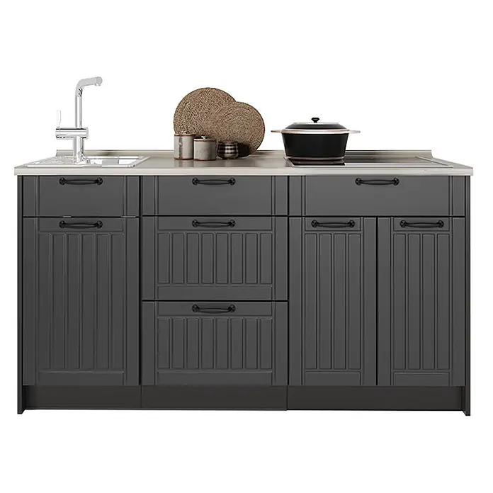 Vicco Küchenleerblock - Breite: 150 cm, Dunkelgrau - Dunkelgraue Kücheninsel mit Spüle, Wasserhahn, Induktionskochfeld, Schubladen und Schränken, mit heller Arbeitsplatte.