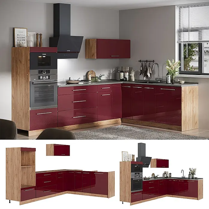 Vicco Eckküche - B x T: 287 x 60 cm, Bordeaux Hochglanz, Ohne Elektrogeräte - Moderne Eckküche mit glänzenden roten Schränken und hellen Holzakzenten, mit integrierten Geräten.