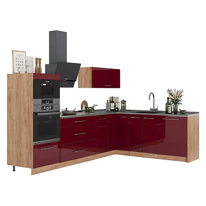 Vicco Eckküche - B x T: 287 x 60 cm, Bordeaux Hochglanz, Ohne Elektrogeräte - L-förmige Küche mit glänzend roten Unterschränken, Hochschrank in Holzoptik, Einbauherd, Mikrowelle und Spüle.