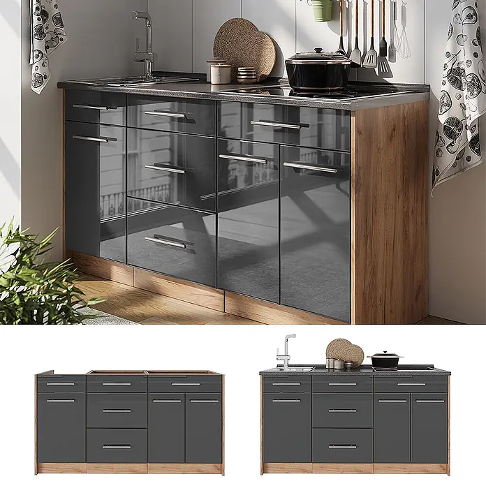Vicco Küchenleerblock - Breite: 150 cm, Anthrazit Hochglanz - Hochglanz-Küchenunterschrank-Set in Dunkelgrau mit Holz-Akzenten, integrierter Spüle und Kochfeld.