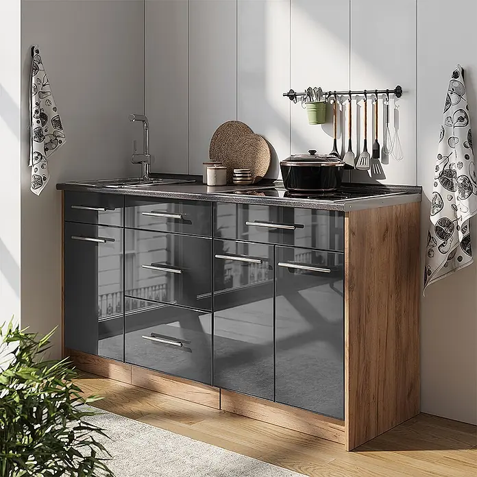 Vicco Küchenleerblock - Breite: 150 cm, Anthrazit Hochglanz - Kompakte Küchenzeile mit glänzenden dunkelgrauen Fronten, Holzseitenwand, integrierter Spüle und Kochfeld.