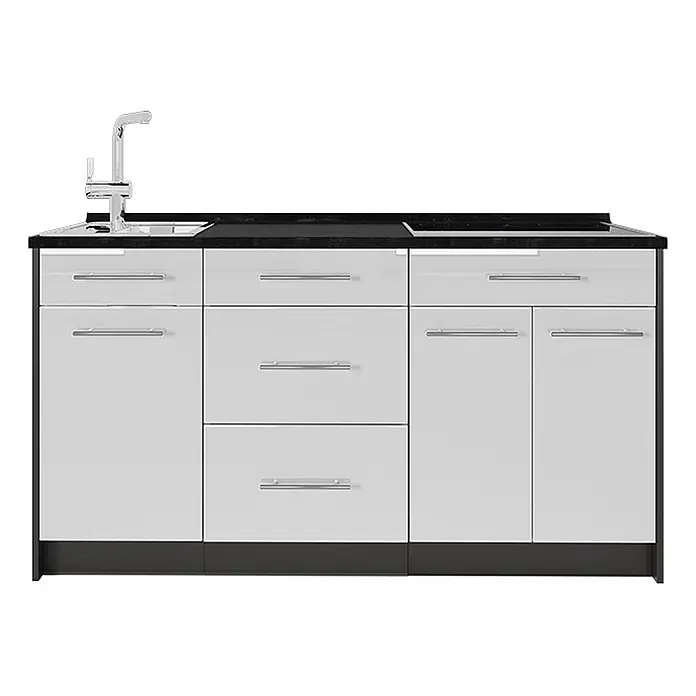 Vicco Küchenleerblock - Breite: 150 cm, Weiß Hochglanz - Weißes Modulschranksystem mit schwarzer Arbeitsplatte, Spüle, Wasserhahn und Koch-/Arbeitsfläche. Weiße Schubladen und Türen mit silbernen Griffen.
