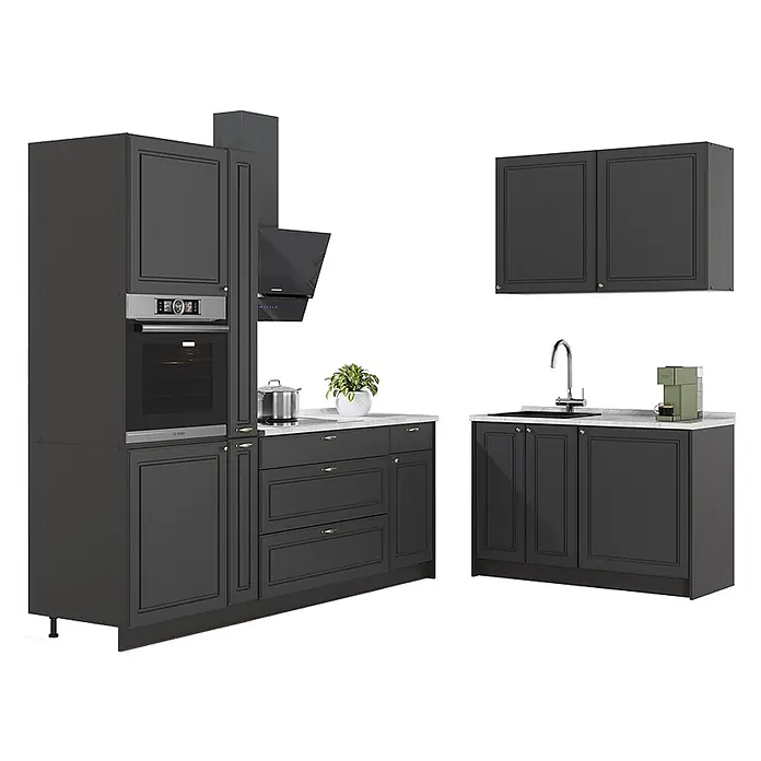 Vicco Eckküche - B x T: 220 x 51,6 cm, Anthrazit-Gold Landhaus, Ohne Elektrogeräte - Dunkelgraue Küchenschränke im klassischen Design, mit integriertem Backofen, Dunstabzugshaube und Spüle mit weißer Arbeitsplatte.