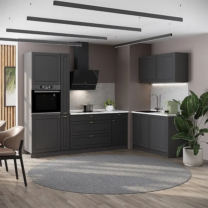 Vicco Eckküche - B x T: 220 x 51,6 cm, Anthrazit-Gold Landhaus, Ohne Elektrogeräte - Moderne dunkelgraue Küchenschränke mit Backofen, Kochfeld und Spüle, in stilvoller Küchenumgebung.