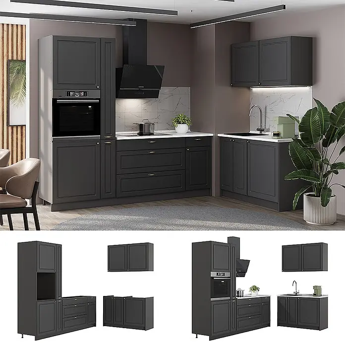 Vicco Eckküche - B x T: 220 x 60 cm, Anthrazit-Gold Landhaus, Ohne Elektrogeräte - Dunkelgraue modulare Küchenschränke mit integriertem Backofen, Spüle und Dunstabzugshaube, in moderner Küche arrangiert.