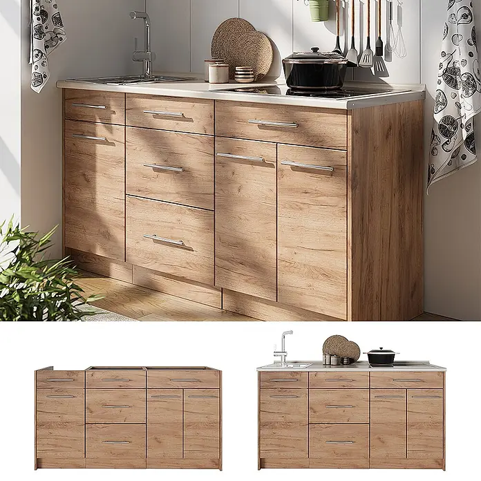 Vicco Küchenleerblock - Goldkraft Eiche - Modulares Küchenunterschrank-Set in heller Holzoptik mit Spüle, Kochfeld, Schubladen und Türen.