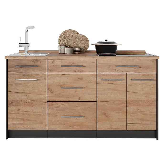 Vicco Küchenleerblock - Breite: 150 cm, Goldkraft Eiche - Kompakte Küchenzeile mit Holzoptik-Schränken, dunklem Sockel, integrierter Spüle mit Armatur und Kochfeld.