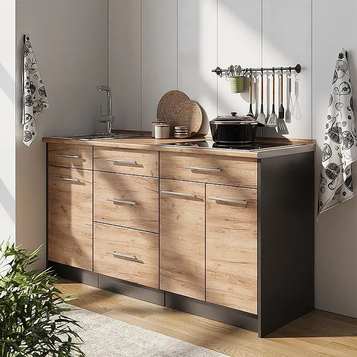 Vicco Küchenleerblock - Breite: 150 cm, Goldkraft Eiche - Küchenzeile in Holzoptik mit integrierter Spüle und Kochfeld, Schubladen und Schränken mit silbernen Griffen.