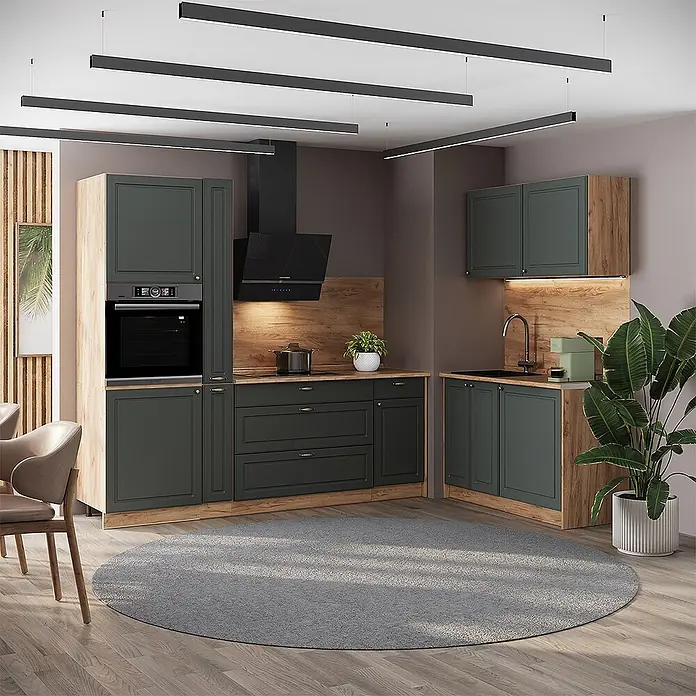 Vicco Eckküche - B x T: 220 x 60 cm, Grün-Gold Landhaus, Ohne Elektrogeräte - Moderne Küche mit dunkelgrünen Schränken und hellen Holzakzenten, inklusive Backofen und Spüle.