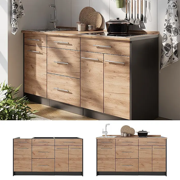 Vicco Küchenleerblock - Breite: 150 cm, Goldkraft Eiche - Moderner Küchenunterschrank-Set in Holzoptik mit dunkelgrauen Elementen, integrierter Spüle, Kochfeld, Schubladen und Türen.