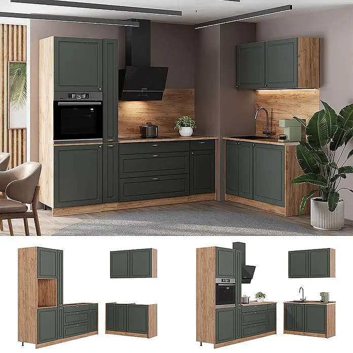 Vicco Eckküche - B x T: 220 x 60 cm, Grün-Gold Landhaus, Ohne Elektrogeräte - Moderne L-förmige Küche mit dunkelgrünen Fronten und hellen Holzdetails, inklusive integriertem Backofen, Kochfeld und Spüle.
