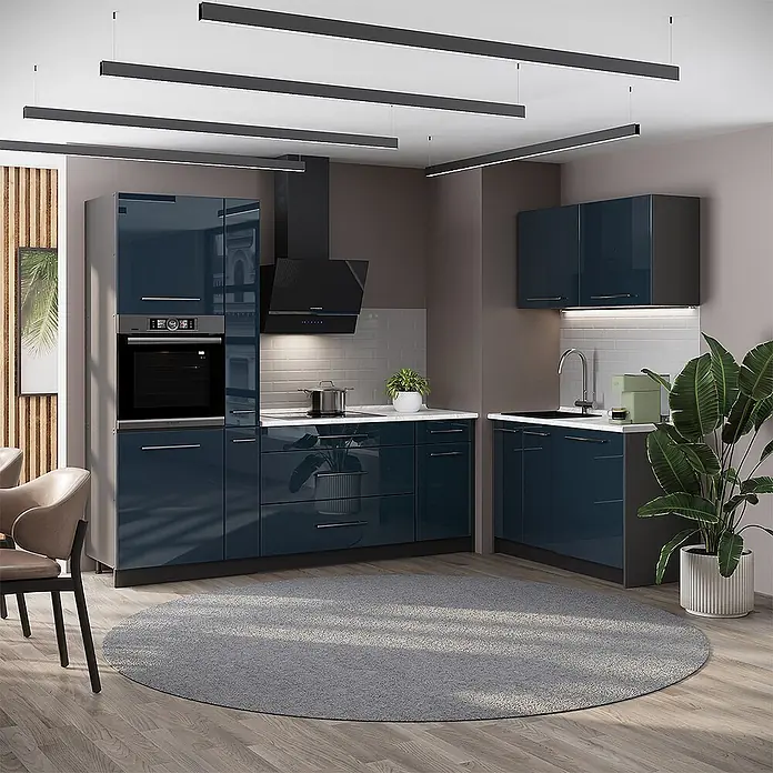 Vicco Eckküche - Dunkelblau Hochglanz, Ohne Elektrogeräte - Moderne Küche mit glänzenden dunkelblauen Schränken, integriertem Ofen, Herd, Dunstabzugshaube und Spüle. Für einen eleganten und funktionalen Kochbereich.