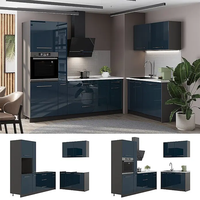 Vicco Eckküche - Dunkelblau Hochglanz, Ohne Elektrogeräte - Moderne, dunkelblaue Hochglanz-Küchenschränke mit integriertem Backofen, Kochfeld, Spüle und Dunstabzugshaube in einer modernen Umgebung.