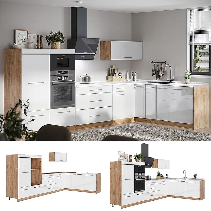 Vicco Eckküche - Weiß Hochglanz, Ohne Elektrogeräte - Moderne L-förmige Küche mit weißen Hochglanzfronten, hellen Holzakzenten, integrierten Geräten und dunkler Dunstabzugshaube.