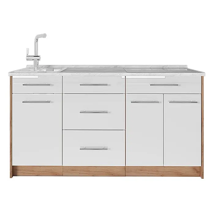 Vicco Küchenleerblock - Breite: 150 cm, Weiß Hochglanz - Weiße Hochglanz-Küchenzeile mit heller Holzoptik-Umrandung, integrierter Spüle, Wasserhahn und Kochfeld/Schneidebrett.