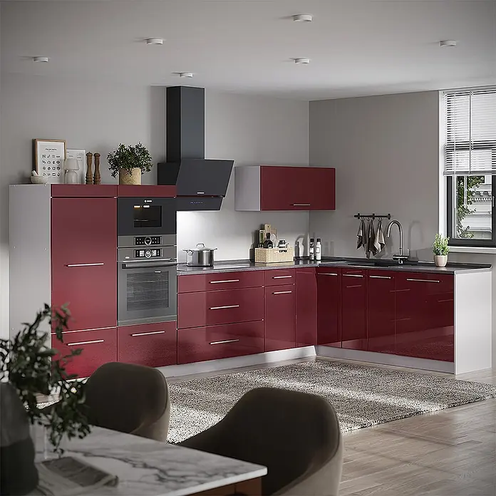 Vicco Eckküche - Bordeaux Hochglanz, Ohne Elektrogeräte - Moderne Küche mit dunkelroten, glänzenden Schränken und integriertem Backofen, Mikrowelle, Kochfeld und Spüle.