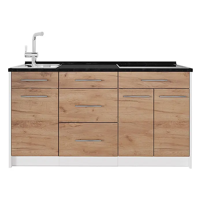 Vicco Küchenleerblock - Breite: 150 cm, Goldkraft Eiche - Hölzerne Küchenzeile mit schwarzer Arbeitsplatte, integrierter Spüle, Wasserhahn und Kochfeld. Schubladen und Schränke.
