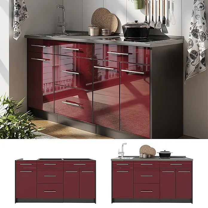 Vicco Küchenleerblock - Breite: 150 cm, Bordeaux Hochglanz - Dunkelroter Hochglanz-Küchenblock mit Spüle, Kochfeld und Chromgriffen.