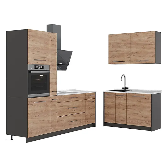 Vicco Eckküche - B x T: 220 x 60 cm, Goldkraft Eiche, Ohne Elektrogeräte - Modulare Küche mit Holzmaserungsfronten und dunkelgrauen Elementen, inklusive integriertem Backofen, Spülbeckenunterschrank, Schubladen und Hängeschrank.