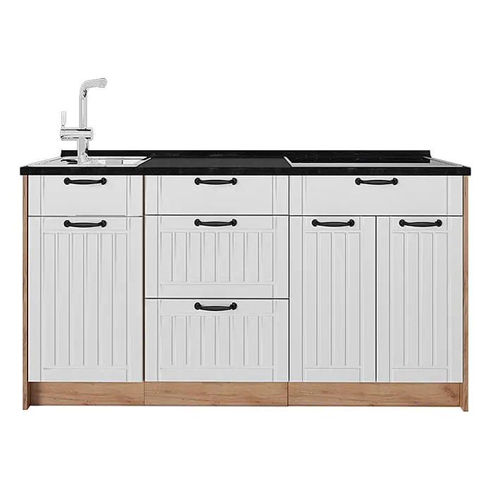 Vicco Küchenleerblock - Breite: 150 cm, Weiß Landhaus - Weißer Küchenunterschrank mit schwarzer Arbeitsplatte, Spüle, Wasserhahn, Holzsockel und Paneeltüren/Schubladen.