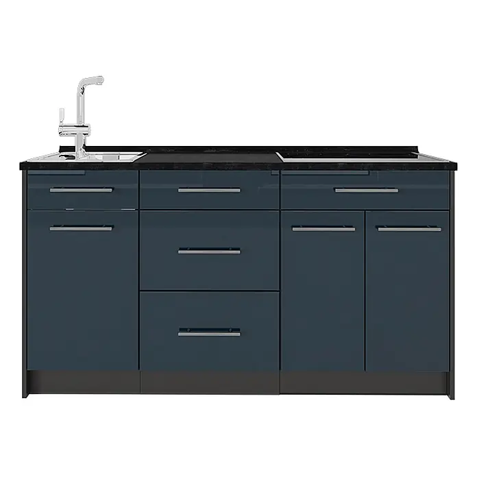 Vicco Küchenleerblock - Breite: 150 cm, Dunkelblau Hochglanz - Dunkelblaue Küchenzeile mit schwarzer Arbeitsplatte, integrierter Spüle, Chromarmatur, Kochfeld, Schränken und Schubladen.