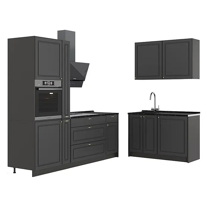 Vicco Eckküche - B x T: 220 x 51,6 cm, Anthrazit-Gold Landhaus, Ohne Elektrogeräte - Dunkelgraue Küchenzeile mit integriertem Backofen, Spüle, Dunstabzugshaube und goldfarbenen Griffen. Modernes Design mit dunkler Arbeitsplatte.