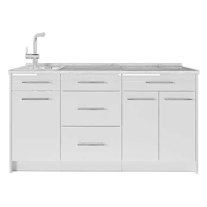 Vicco Küchenleerblock - Breite: 150 cm, Weiß Hochglanz - Weißer Hochglanz-Küchenunterschrank mit Marmoroptik-Arbeitsplatte, integrierter Spüle, Wasserhahn und Schubladen/Türen mit silbernen Griffen.
