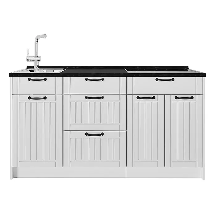 Vicco Küchenleerblock - Breite: 150 cm, Weiß Landhaus - Weiße Küchenunterschrankzeile mit schwarzer Arbeitsplatte, Spüle und Wasserhahn. Mit Paneeltüren, Schubladen und schwarzen Griffen.