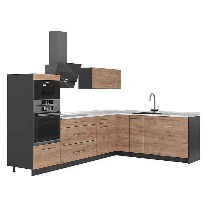 Vicco Eckküche - B x T: 287 x 60 cm, Goldkraft Eiche, Ohne Elektrogeräte - L-förmige Küche mit holzfarbenen Schränken, dunkelgrauem Hochschrank, weißer Arbeitsplatte, integriertem Backofen, Mikrowelle, Spüle und Dunstabzugshaube.