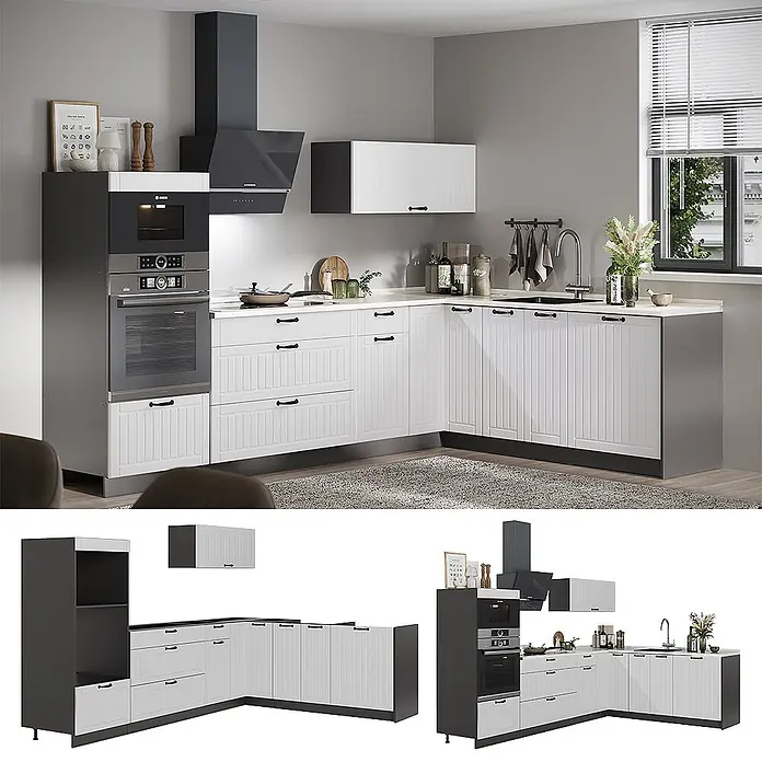 Vicco Eckküche - B x T: 287 x 60 cm, Weiß Landhaus, Ohne Elektrogeräte - Moderne L-förmige Küche mit weißen Lamellentüren, dunkelgrauen Elementen und integrierten Geräten.