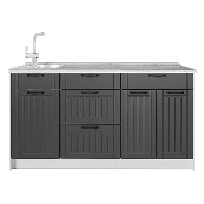 Vicco Küchenleerblock - Breite: 150 cm, Dunkelgrau - Dunkelgraue Küchenunterschrankzeile mit gerippten Türen und Schubladen, weißer Arbeitsplatte, Spüle, Wasserhahn und Kochfeld.