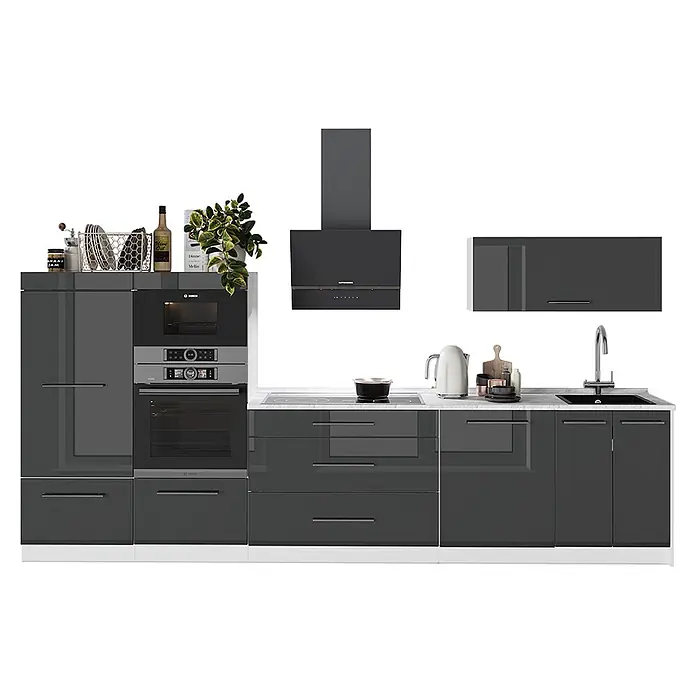 Vicco Küchenzeile - Breite: 340 cm, Anthrazit Hochglanz, Ohne Elektrogeräte - Moderne hochglanz-dunkelgraue Küche mit weißer Arbeitsplatte, integriertem Backofen, Mikrowelle, Kochfeld, Spüle und Dunstabzugshaube.