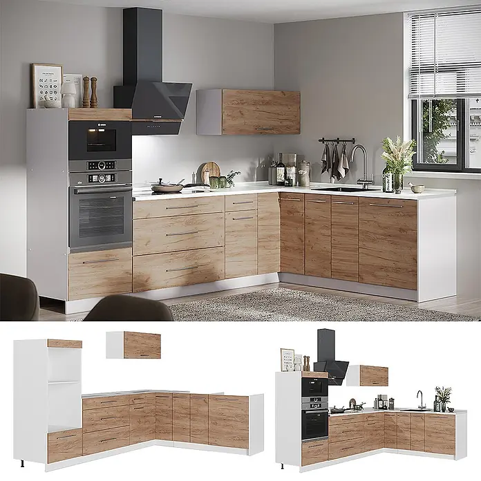 Vicco Eckküche - B x T: 287 x 51,6 cm, Goldkraft Eiche, Ohne Elektrogeräte - Moderne L-förmige Küche mit weißen Hängeschränken, Holzoptik-Unterschränken und integriertem schwarzen Backofen und Dunstabzug.