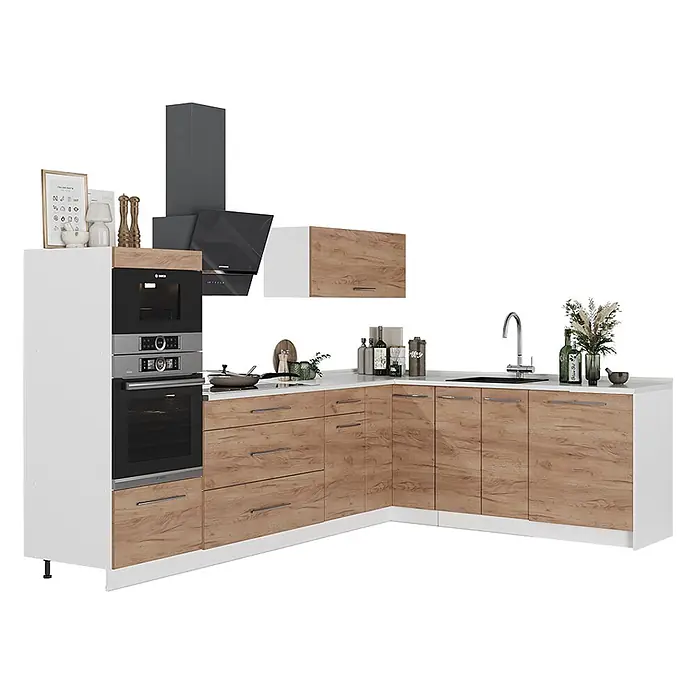 Vicco Eckküche - B x T: 287 x 51,6 cm, Goldkraft Eiche, Ohne Elektrogeräte - Moderne L-förmige Küche mit Holzoptik-Schränken, weißer Arbeitsplatte und integrierten dunklen Geräten wie Backofen, Kochfeld und Spüle.
