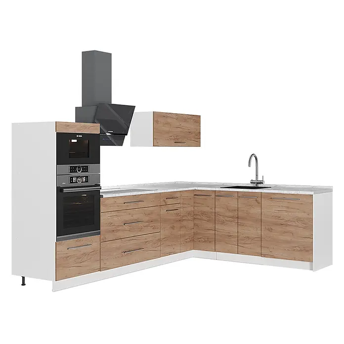 Vicco Eckküche - B x T: 287 x 51,6 cm, Goldkraft Eiche, Ohne Elektrogeräte - L-förmige Küche mit Holzmaserung, weißen Arbeitsplatten, Einbaugeräten und Spüle.