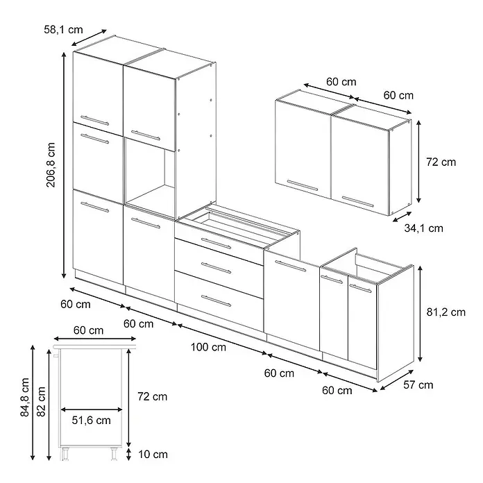 Vicco Küchenzeile - Breite: 340 cm, Anthrazit-Gold Landhaus, Ohne Elektrogeräte - Schematische Darstellung eines modularen Küchenschranksystems mit verschiedenen Ober- und Unterschränken, inklusive detaillierter Maße.