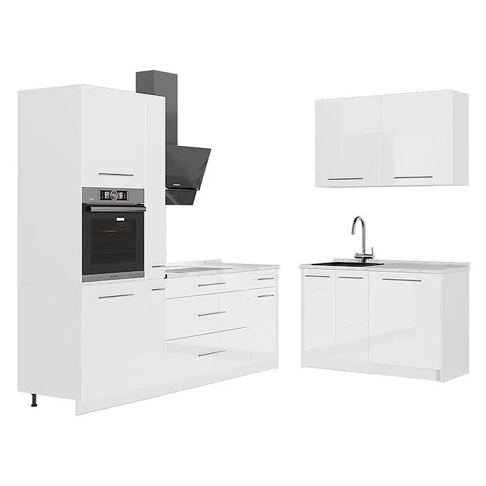 Vicco Eckküche - Weiß Hochglanz, Ohne Elektrogeräte - Weiße Hochglanz-Modulküche mit integriertem Backofen, Dunstabzugshaube, Spüle und verschiedenen Schränken.
