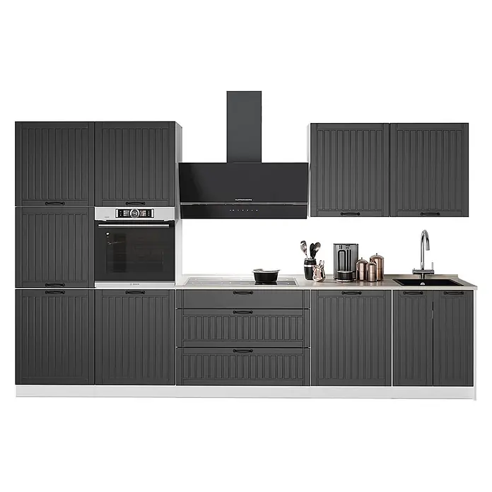 Vicco Küchenzeile - Breite: 340 cm, Dunkelgrau, Ohne Elektrogeräte - Dunkelgraue Küchenzeile mit integriertem Backofen, Kochfeld und Dunstabzugshaube, mit gerippten Türen und Schubladen.