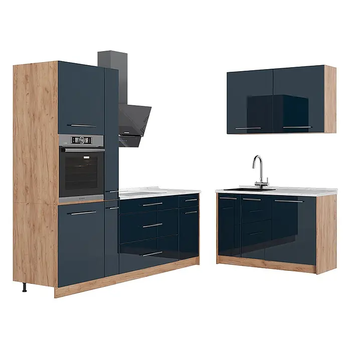 Vicco Eckküche - B x T: 340 x 60 cm, Dunkelblau Hochglanz, Ohne Elektrogeräte - Modulküche mit glänzenden dunkelblauen Fronten und hellen Holz-Effekt-Seiten/Sockeln, inklusive Backofen, Kochfeld, Spüle und Schränken.