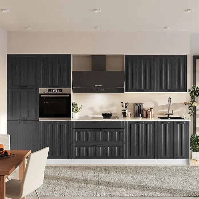 Vicco Küchenzeile - Breite: 340 cm, Dunkelgrau, Ohne Elektrogeräte - Moderne dunkelgraue Küche mit geriffelten Schrankfronten, integriertem Backofen, Dunstabzug und Spüle.
