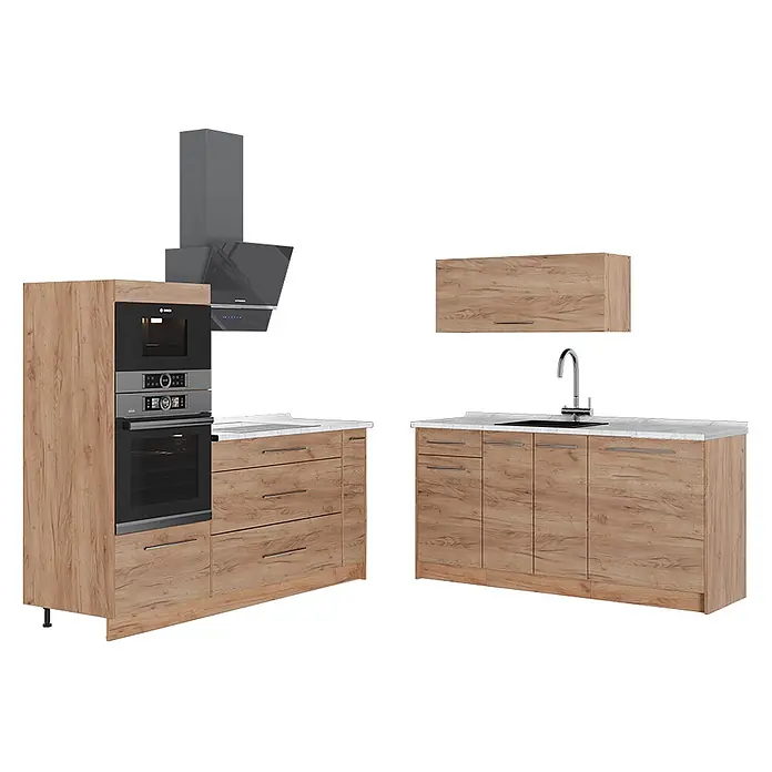 Vicco Küchenzeile - Breite: 340 cm, Goldkraft Eiche, Ohne Elektrogeräte - Moderne Küche mit hellen Holzschränken, weißer Arbeitsplatte, Einbauöfen, Dunstabzugshaube und Spüle.