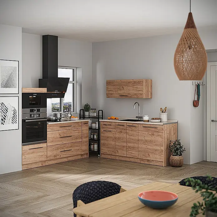 Vicco Küchenzeile - Breite: 340 cm, Goldkraft Eiche, Ohne Elektrogeräte - Eckküche mit hellen Holzfronten, weißen Arbeitsplatten, Einbaugeräten und Spüle.