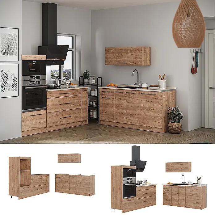 Vicco Küchenzeile - Breite: 340 cm, Goldkraft Eiche, Ohne Elektrogeräte - Moderne L-förmige Küche mit Holzdekorfronten, heller Arbeitsplatte, integriertem Ofen und schwarzer Dunstabzugshaube.