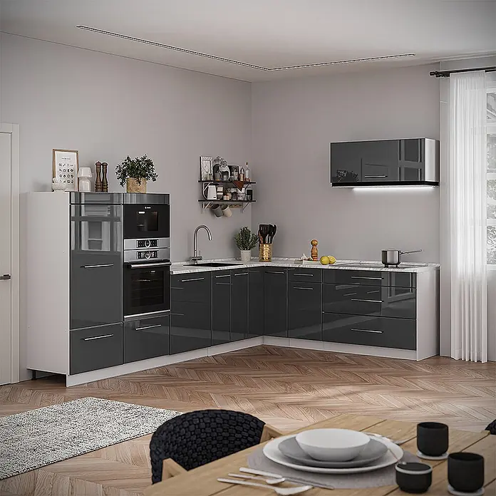 Vicco Eckküche - Anthrazit Hochglanz, Ohne Elektrogeräte - Moderne L-förmige Küche mit dunkelgrauen Hochglanzschränken, weißen Arbeitsplatten, Einbauöfen, Spüle und Dunstabzugshaube.