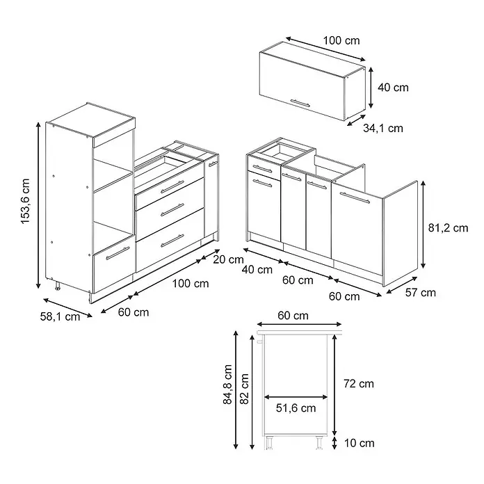 Vicco Küchenzeile - Breite: 340 cm, Anthrazit Hochglanz, Ohne Elektrogeräte - Technische Zeichnung verschiedener Küchenschränke und -einheiten mit detaillierten Maßen für Montage und Planung.