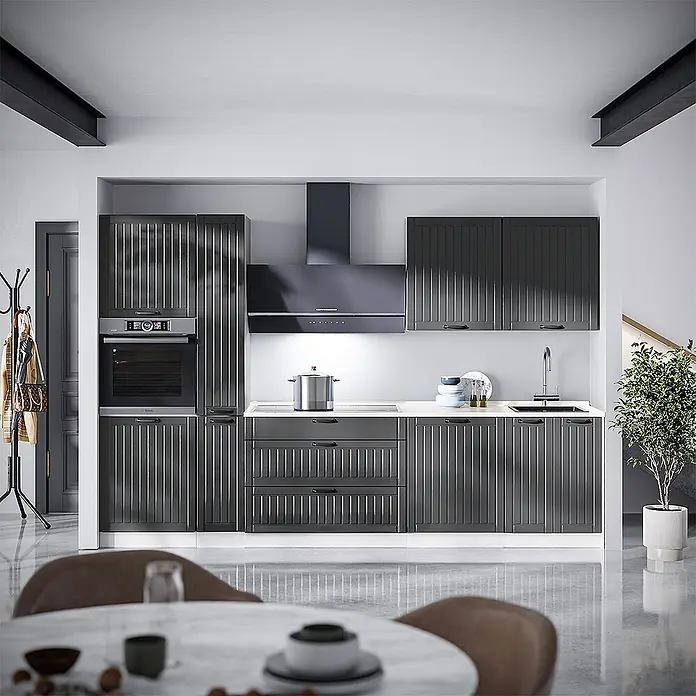 Vicco Küchenzeile - Breite: 310 cm, Dunkelgrau, Ohne Elektrogeräte - Moderne Küche mit dunkelgrauen geriffelten Schränken, weißer Arbeitsplatte, Backofen, Kochfeld und Spüle.