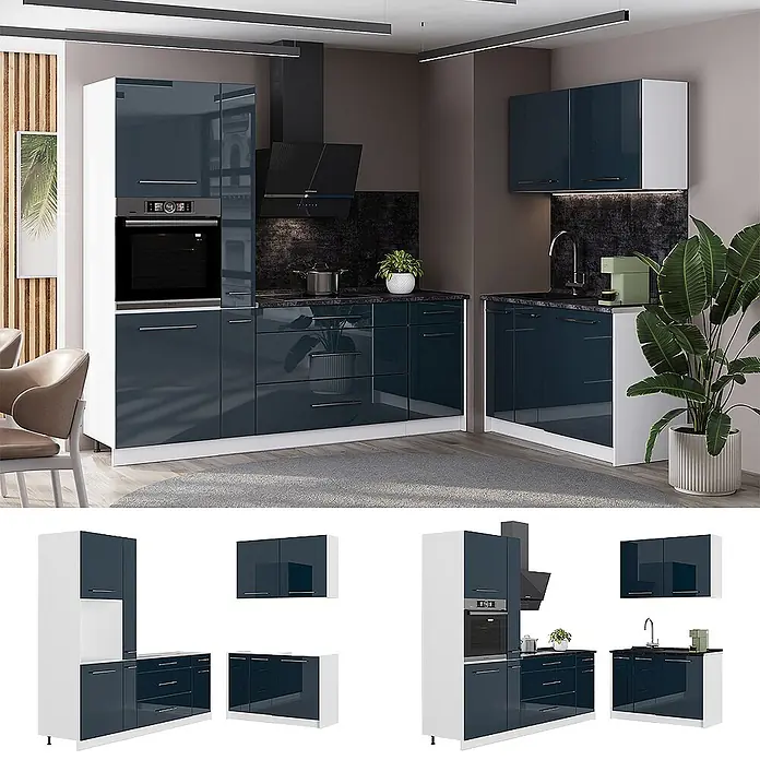 Vicco Eckküche - B x T: 220 x 60 cm, Dunkelblau Hochglanz, Ohne Elektrogeräte - L-förmige Küche mit dunkelblauen Hochglanzschränken und weißen Rahmen, inkl. integriertem Backofen, Kochfeld und Spüle.