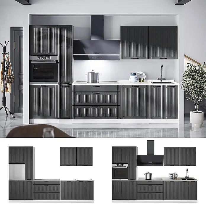 Vicco Küchenzeile - Breite: 310 cm, Dunkelgrau, Ohne Elektrogeräte - Dunkelgraues Modulküchensystem mit geriffelten Fronten, integriertem Backofen, Kochfeld, Spüle und Dunstabzugshaube.